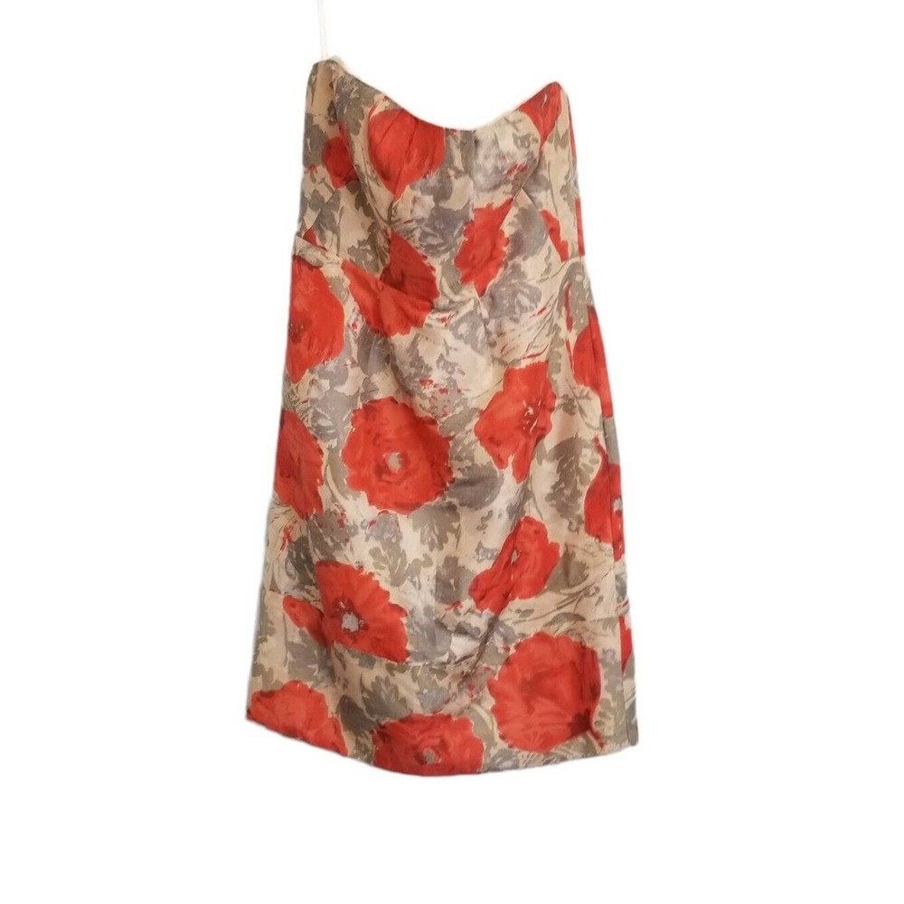 J Crew Collection Beige Gray Orange Poppy Floral Silk Strapless w/Pockets Dress